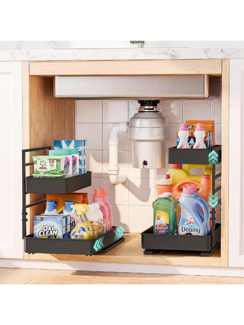 Height Adjustable 2-Tier Metal Pull-Out Shelf Organizer for Under Sink Storage